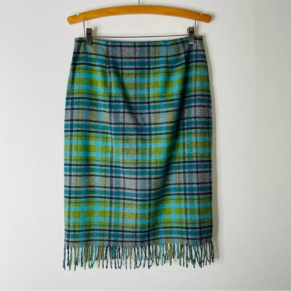 J. Jill blue grey green plaid fringe midi preppy office academia skirt 6
